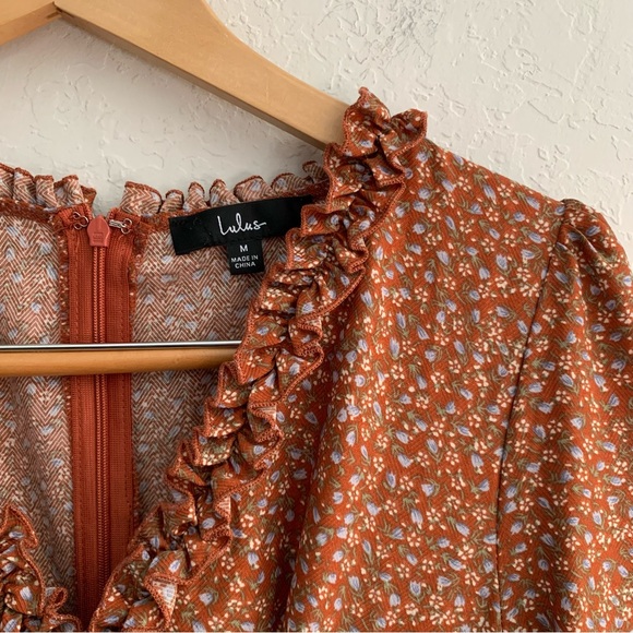Lulu’s Admire You Orange Brown Floral Print Ruffled Long Sleeve Mini Dress M - Picture 4 of 10